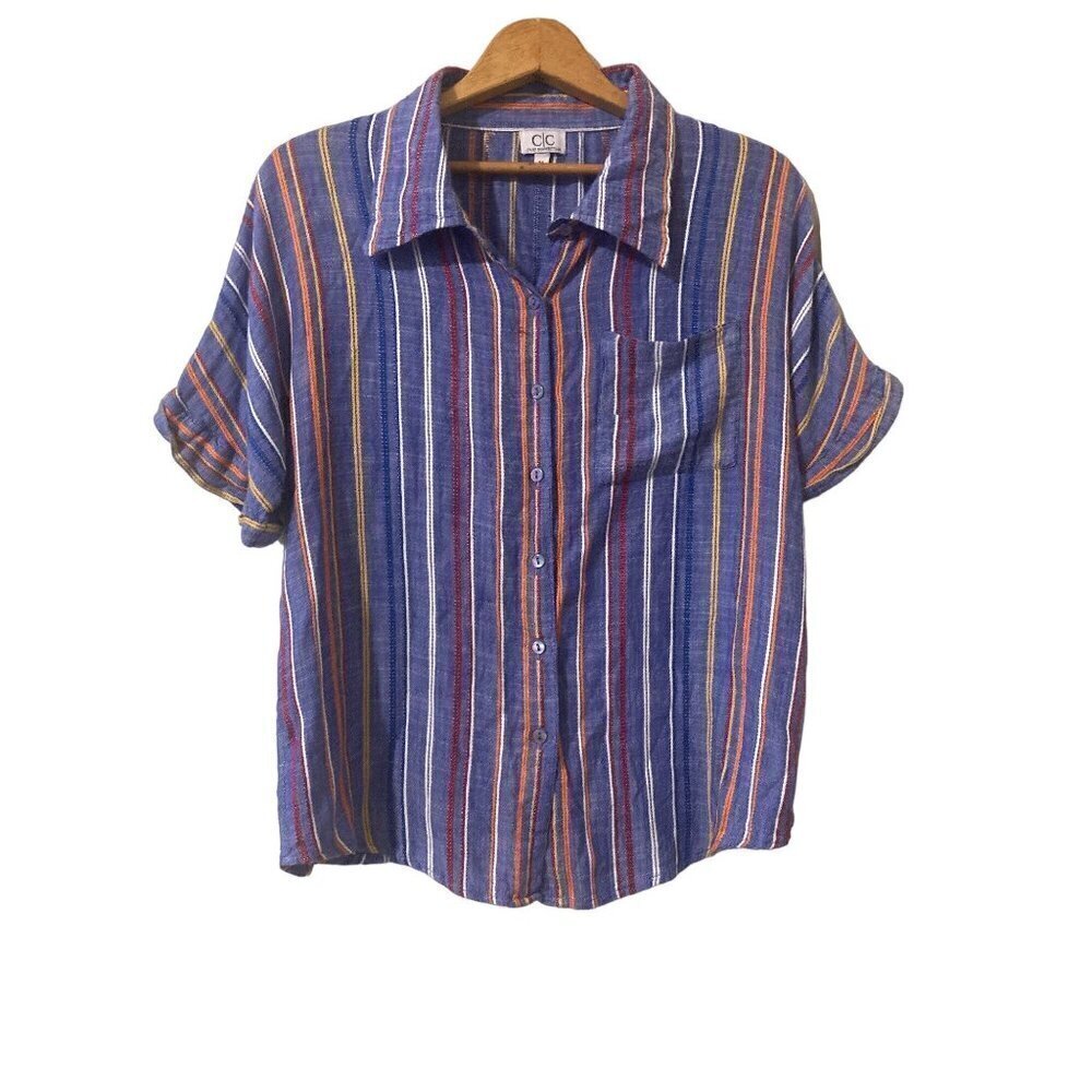 CC Chic Connection Women's Medium Striped Coastal Casual Shirt Top Short Sleeve